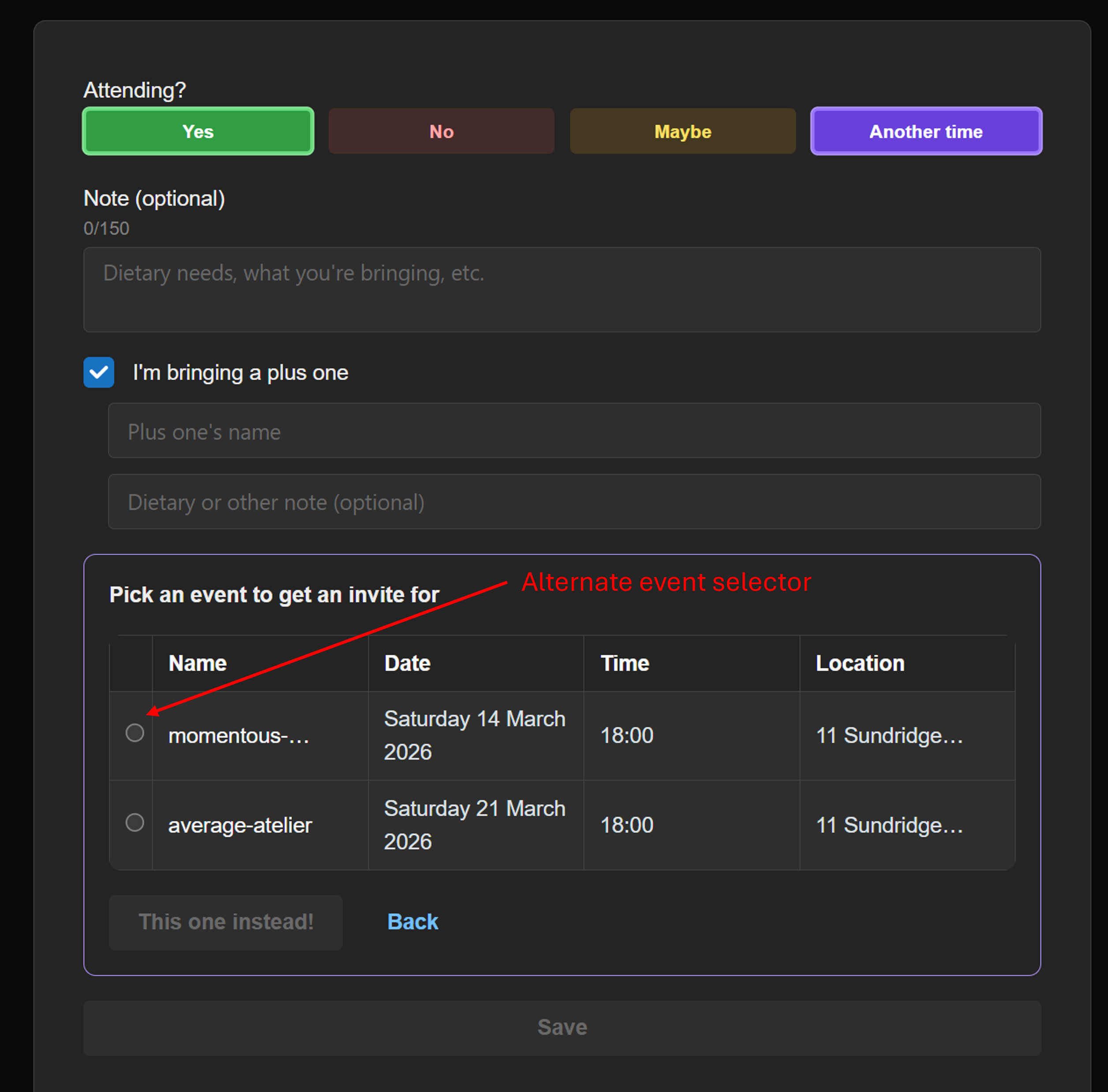 Invitee RSVP and response form